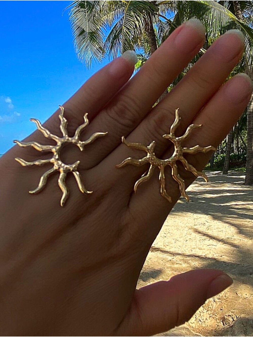 Gold Sunburst Hoop Earrings with Black Center - Picture 4 of 6